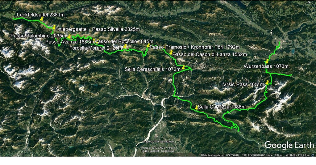 Der Tourverlauf durch die Karnischen Alpen ins Soca Tal